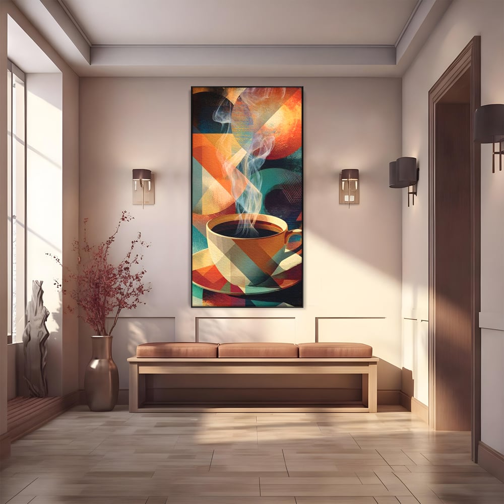 Tablou canvas cu ilustratie abstracta cu ceasca de cafea, in rama de aluminiu negru